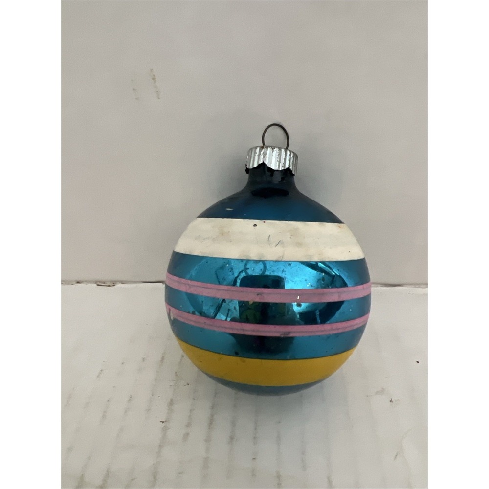 Shiny Brite Christmas Ornament Pink Yellow White Stripes on Blue VTG Made In USA